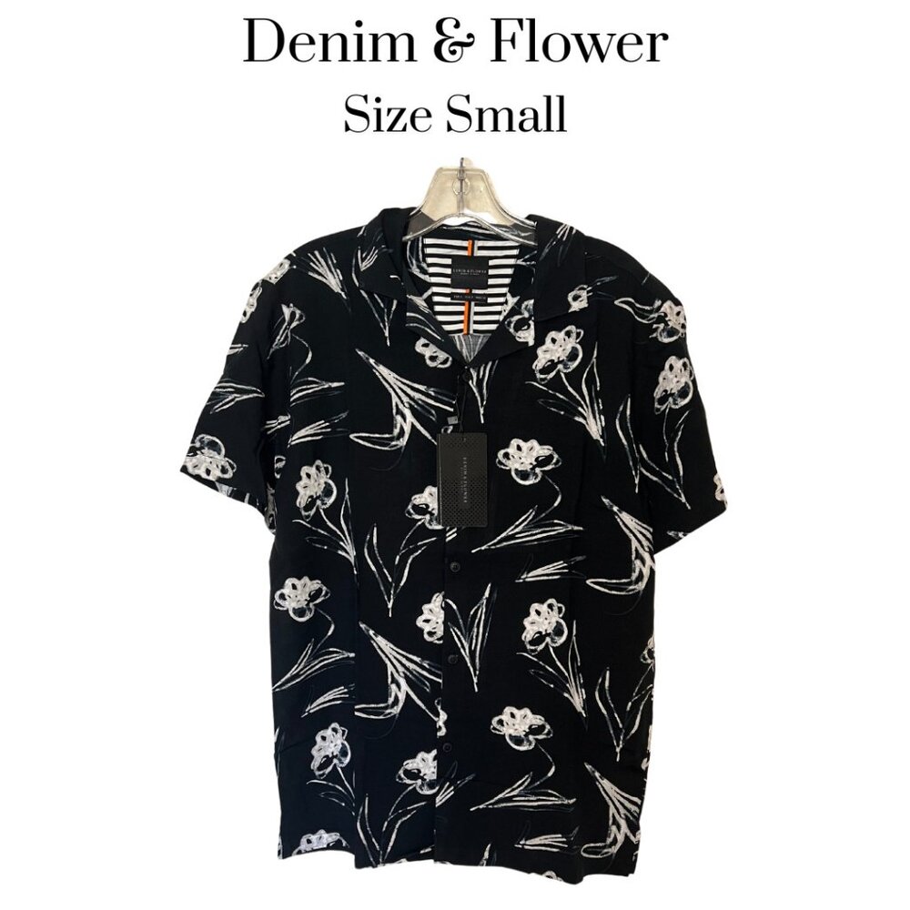 NWT Denim & Flower men's black and white floral button down Viscose shirt Small